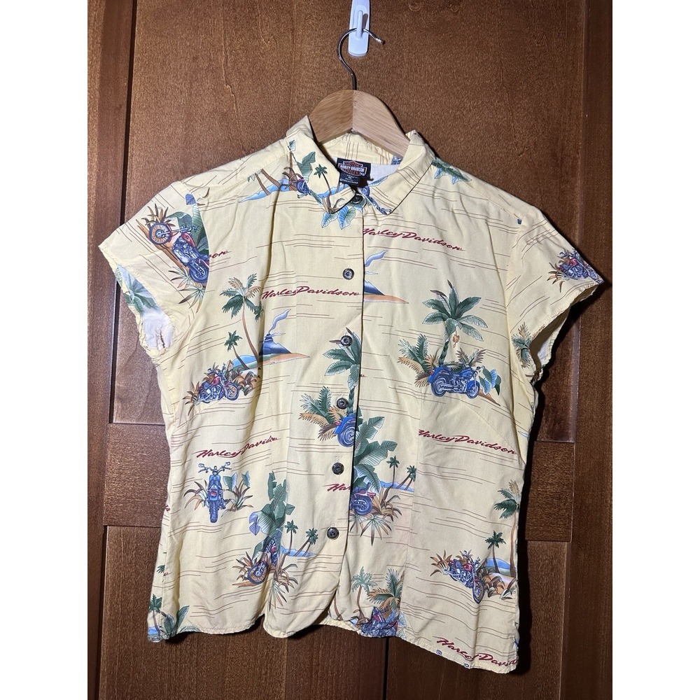 Harley Davidson Tori Richard Hawaiian Camp Shirt Womens M Yellow Tropical USA